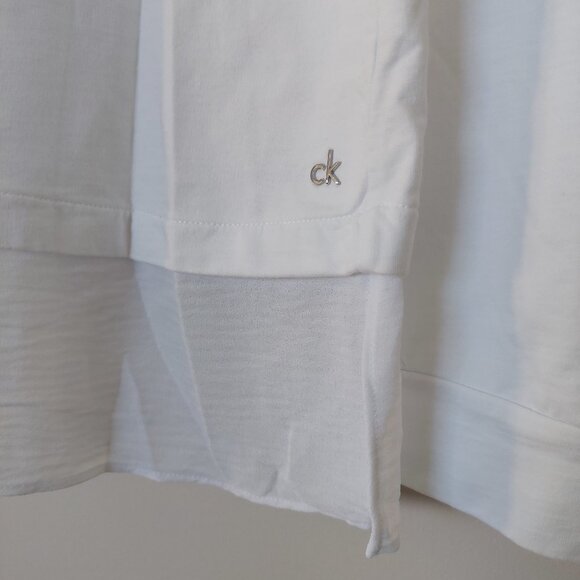 Calvin Klein White Long Sleeve Top Lace V-neck Insert & Sheer Layered Hem Sz XL - Picture 2 of 10